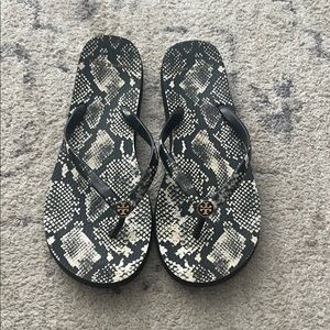 Tory Burch Black and Cream Reptile Flip Flops